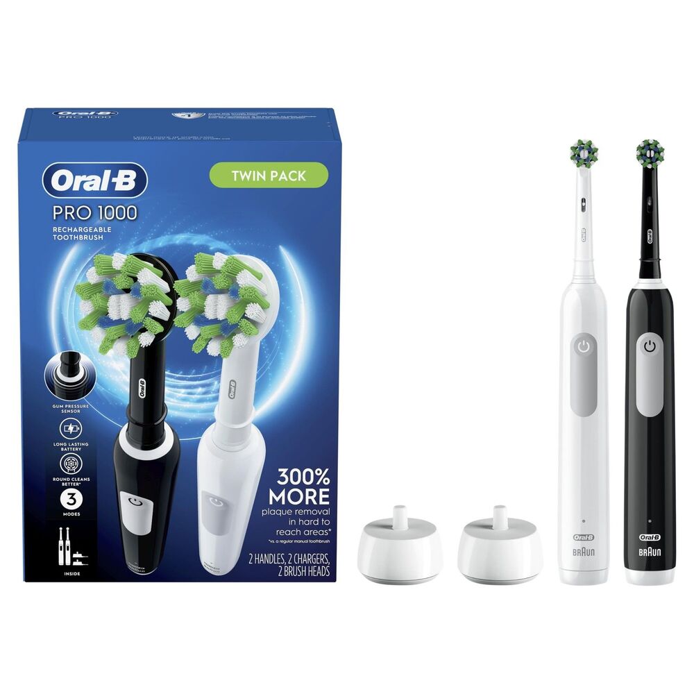 Oral-B Pro 1000 CrossAction Rechargeable Electric Toothbrush 2-Pack Blk/Wht OB